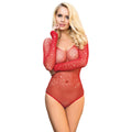 Variante rouge du body resille a strass Subblime, manches longues, maille transparente moulant le corps et devoilant la poitrine nue, modele blond pose de face en studio.