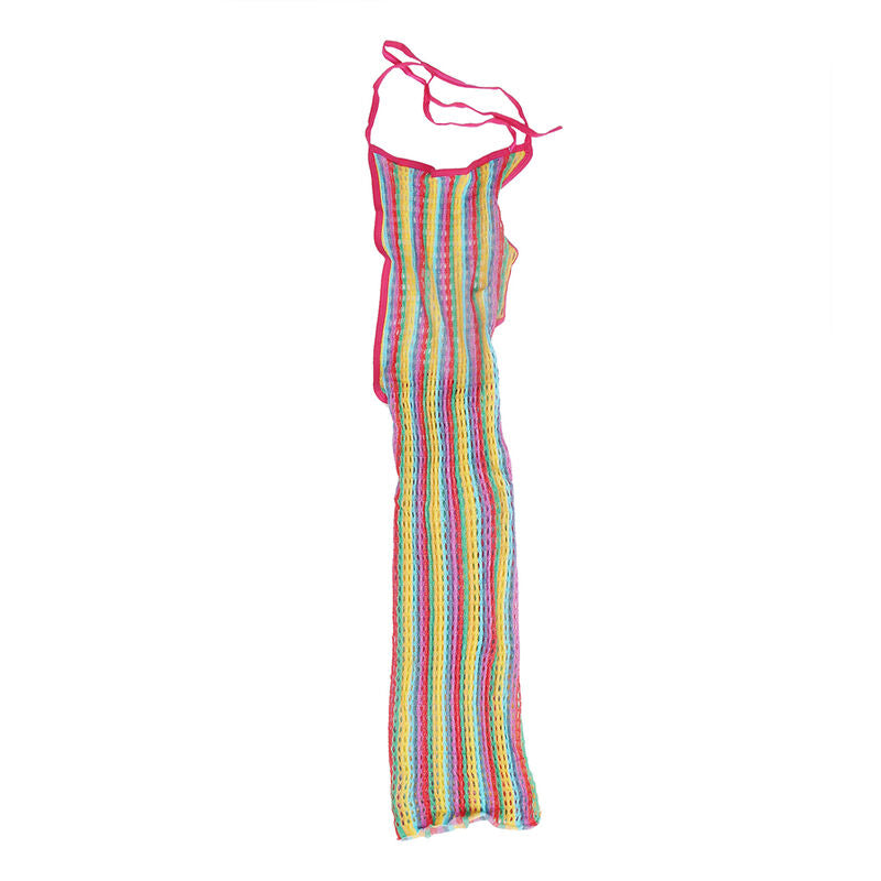 Mini-robe resille arc-en-ciel Subblime col licou presentee a plat sur fond blanc, maille multicolore ajouree montrant la coupe et les couleurs vives.