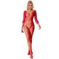 Mannequin debout en bodystocking resille rouge transparente Subblime a strass, manches longues, maille moulante qui devoile la silhouette sur fond blanc.