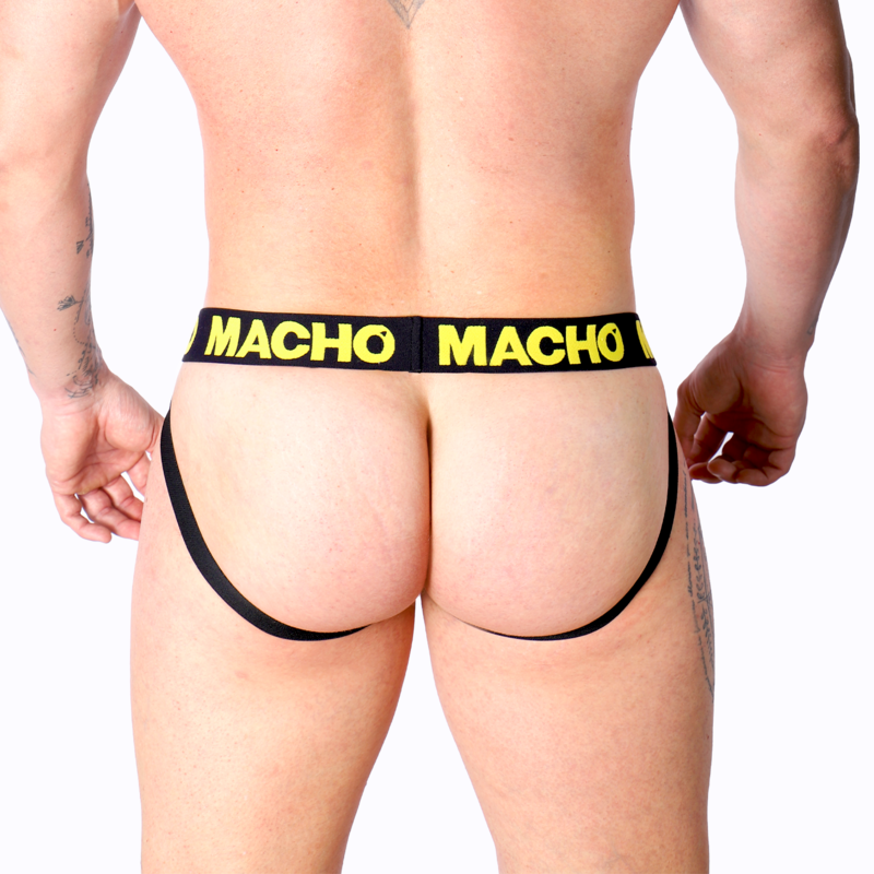 Jockstrap homme lycra jaune fluo fesses ouvertes vu de dos, fessier totalement nu lanieres elastiques noires logo Macho, coupe audacieuse maintien avant tissu extensible