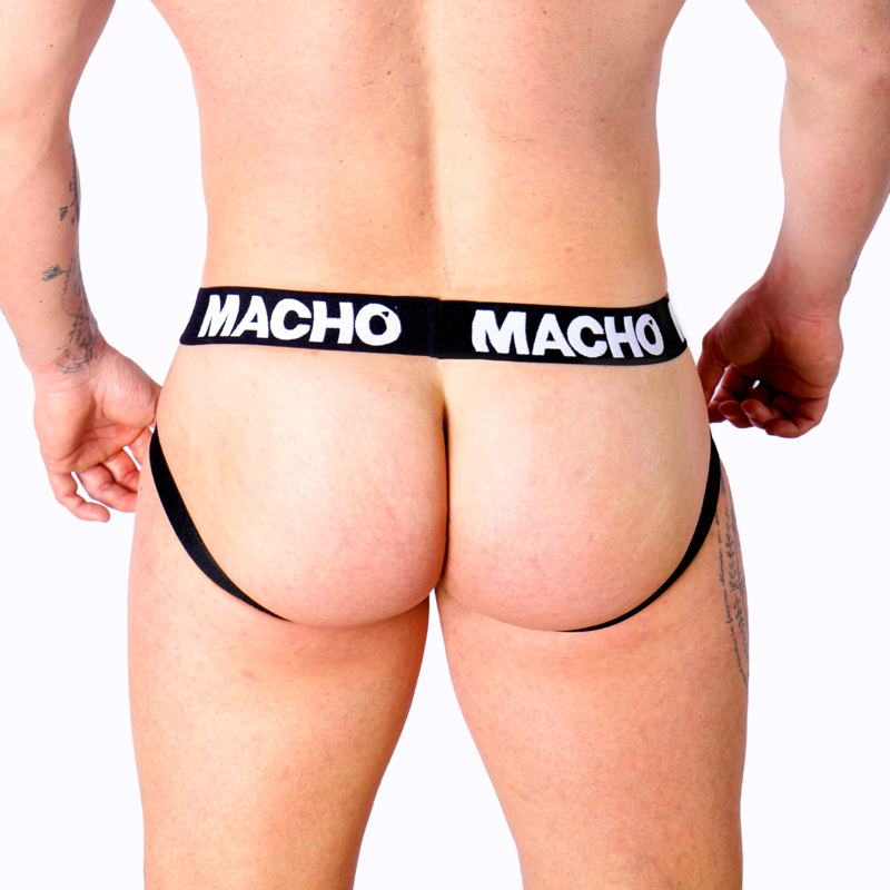 Jockstrap homme en lycra vu de dos sur fessier musclé dégagé, sangles latérales et large ceinture Macho, soulignant le maintien anatomique respirant et la coupe sensuelle.