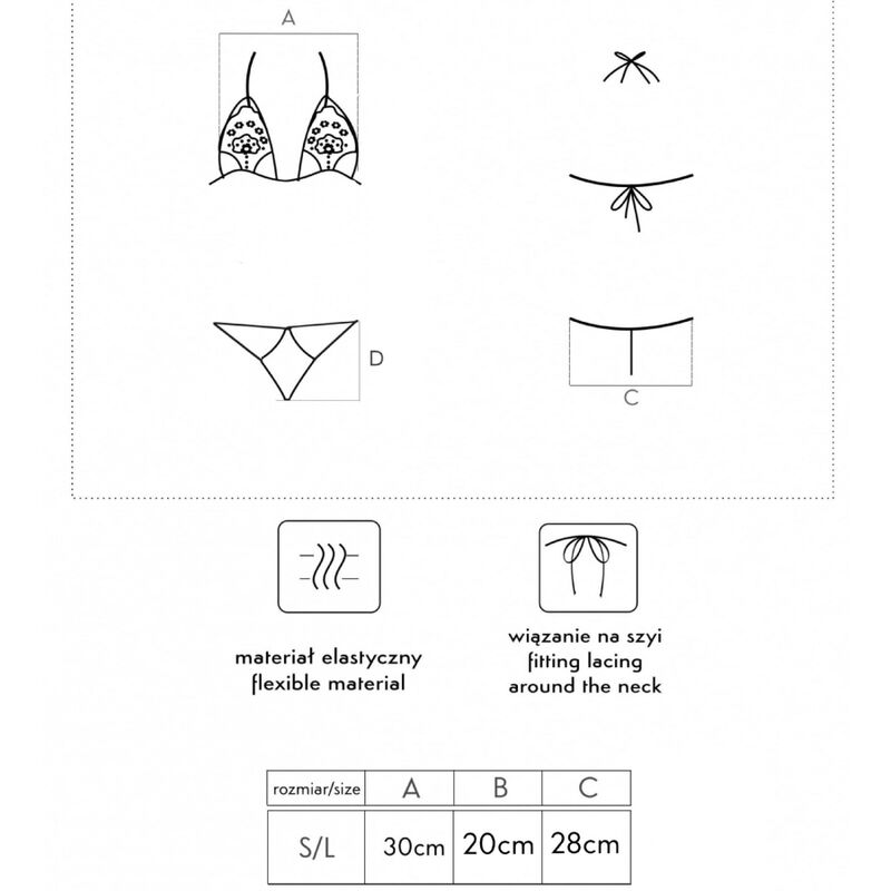Schema technique de l'ensemble soutien-gorge et string Livco Corsetti, dessins au trait des pieces dentelle, lacage au cou, tableau des dimensions taille S/L.