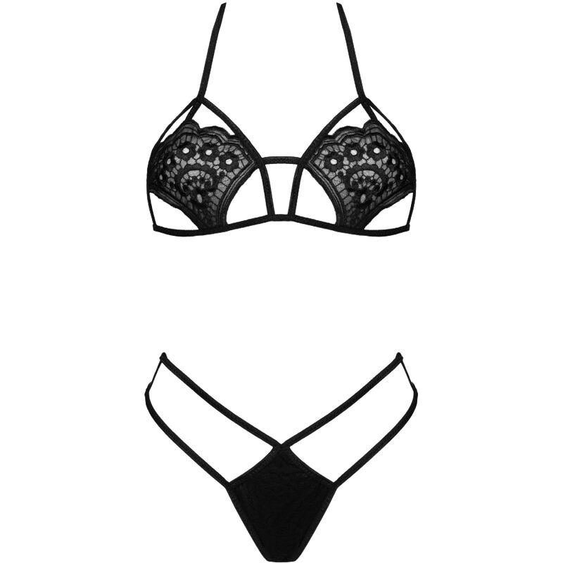 Ensemble dentelle soutien-gorge et string noir — vue de profil