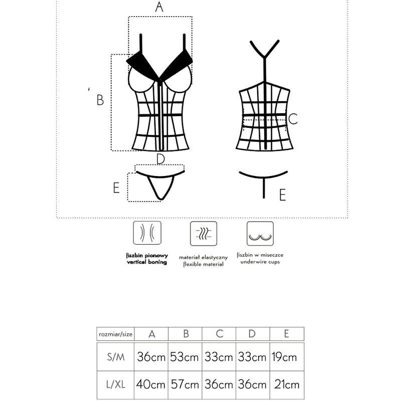 Schema technique du body cage Livco Corsetti, dessins au trait du quadrillage de brides et string, tableau des dimensions S/M et L/XL, baleines verticales.