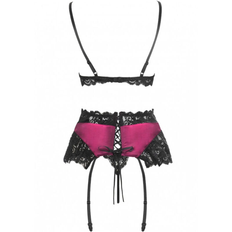 Soutien-gorge et porte-jarretelles bordeaux dentelle Livco Corsetti presentes a plat, satin et lacage central, vue produit detaillee sur fond blanc.