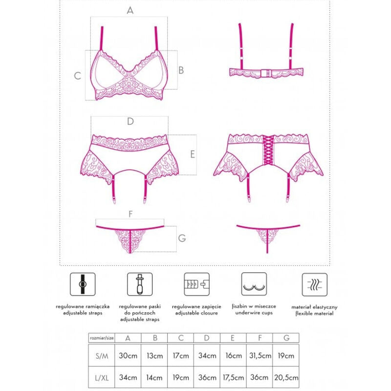Dessin technique de l'ensemble soutien-gorge et porte-jarretelles Livco Corsetti, vues detaillees au trait, tableau des dimensions S/M et L/XL.
