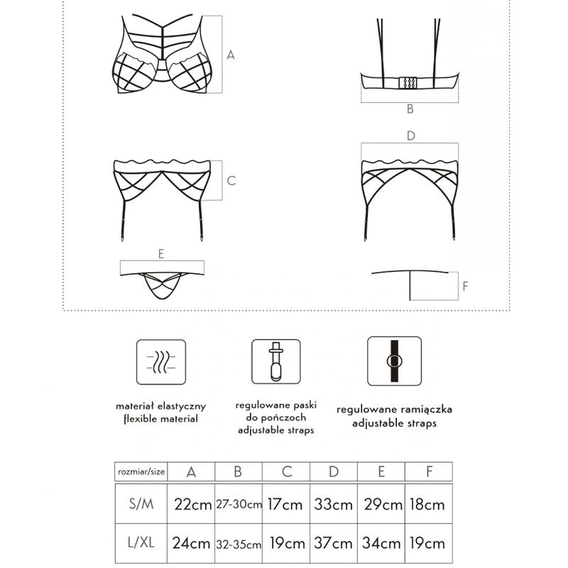 Dessin technique du harnais lingerie Livco Corsetti, vues face et dos au trait des brides entrecroisees, tableau des dimensions S/M et L/XL.