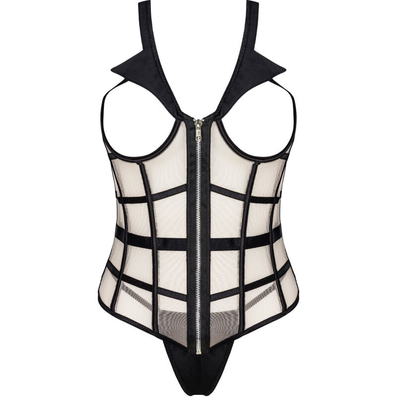 Body cage noir Livco Corsetti presente a plat de face, quadrillage de brides, zip central et empiecement resille, vue produit detaillee sur fond blanc.