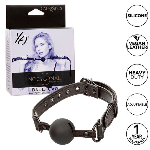 Boite Nocturnal Ball Gag a cote du baillon a boule en silicone noir sur sangle cuir synthetique, encarts mettant en avant silicone vegan leather et heavy duty.