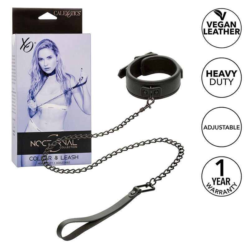Boite Nocturnal Collar & Leash a cote du collier noir en cuir synthetique relie a sa laisse a chaine metal, mise en avant des fonctions vegan leather et heavy duty.