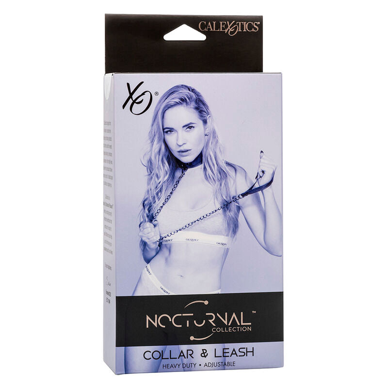 Boite Nocturnal Collar & Leash montrant une modele en lingerie portant le collier a laisse, visuel packaging du set de retenue en cuir synthetique CalExotics.