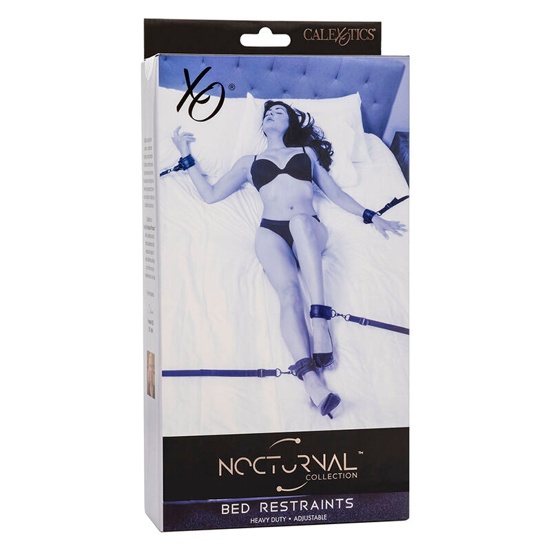 Boite Nocturnal Bed Restraints montrant une modele en lingerie attachee au lit, packaging du kit quatre manchettes en cuir CalExotics heavy duty.