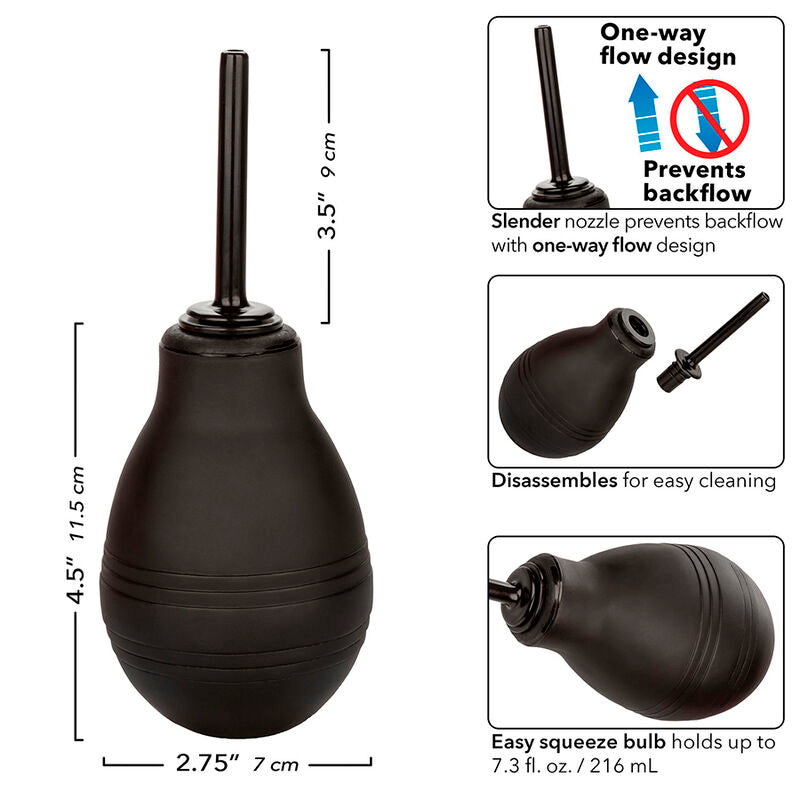 Poire de lavement noire One-Way avec cotes annotees 11,5 cm de haut et 7 cm de base, douche anale CalExotics etanche a valve anti-retour et buse de 9 cm.