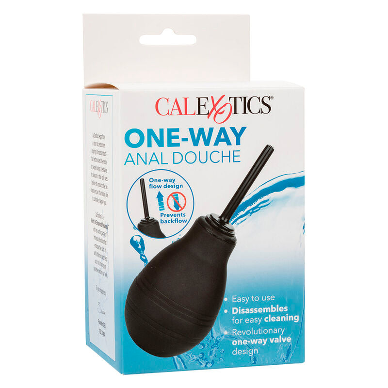 Boite CalExotics One-Way Anal Douche bleue et blanche, packaging de la poire de lavement etanche 216 ml a valve anti-retour et buse fine pour nettoyage doux.