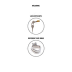 Detail des accessoires de la cage de chastete metal : verrou avec clefs et anneaux de differentes tailles pour personnaliser le maintien.