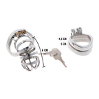 Cage de chastete en acier de 6 cm livree avec anneaux 4,5 et 5 cm et clefs, structure a barreaux pour un ajustement reglable et securise.
