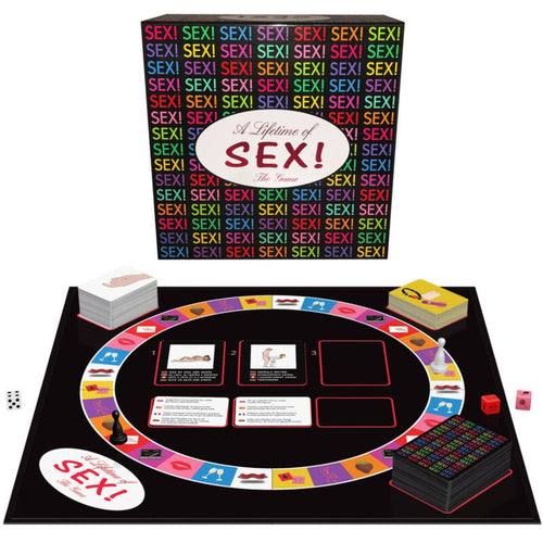 Boite multicolore et grand plateau ovale du jeu coquin pour couple avec cartes, des et pions, defis et gages sur le theme de la vie sexuelle a deux.