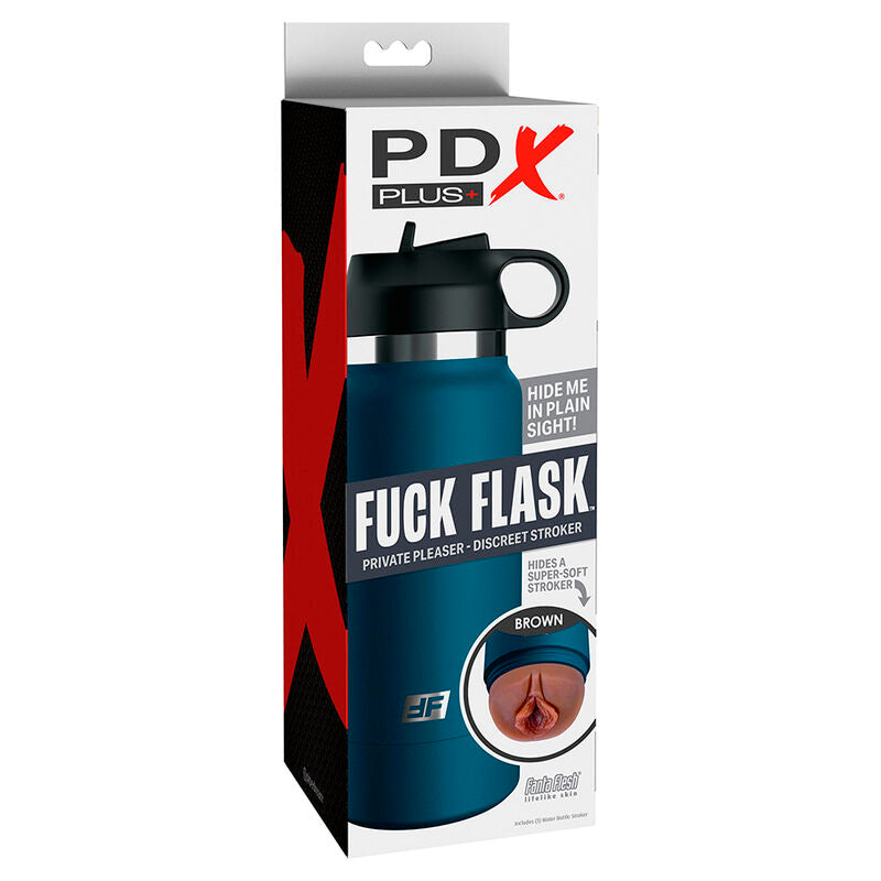 Boite PDX Fuck Flask du masturbateur gourde teinte brune, packaging exposant le tunnel vagin realiste en cyberskin et l'argument du rangement discret.