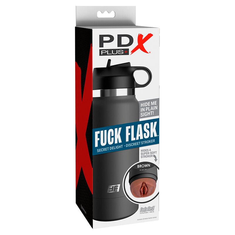 Boite PDX Fuck Flask noire du masturbateur gourde teinte brune, packaging exhibant le tunnel vagin realiste cyberskin et la promesse d'un objet discret.