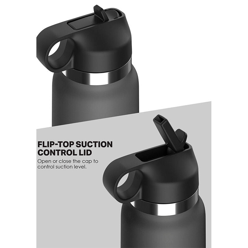 Schema du couvercle flip-top suction control de la gourde masturbateur noire, illustration du reglage de succion par ouverture ou fermeture du bouchon.
