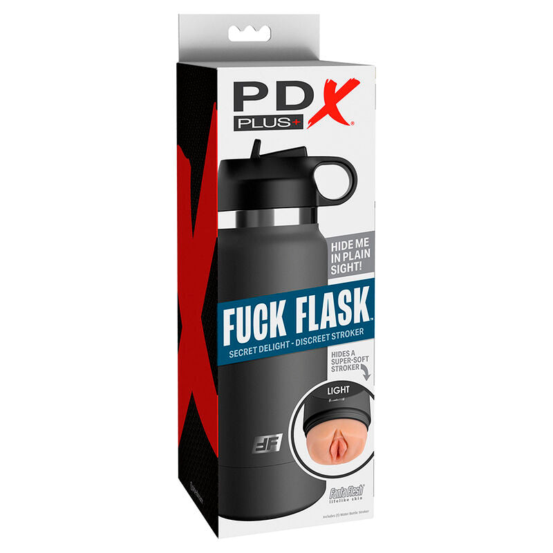 Boite PDX Fuck Flask bleue du masturbateur gourde teinte chair, packaging mettant en avant le tunnel vagin realiste cyberskin et son camouflage en bouteille.
