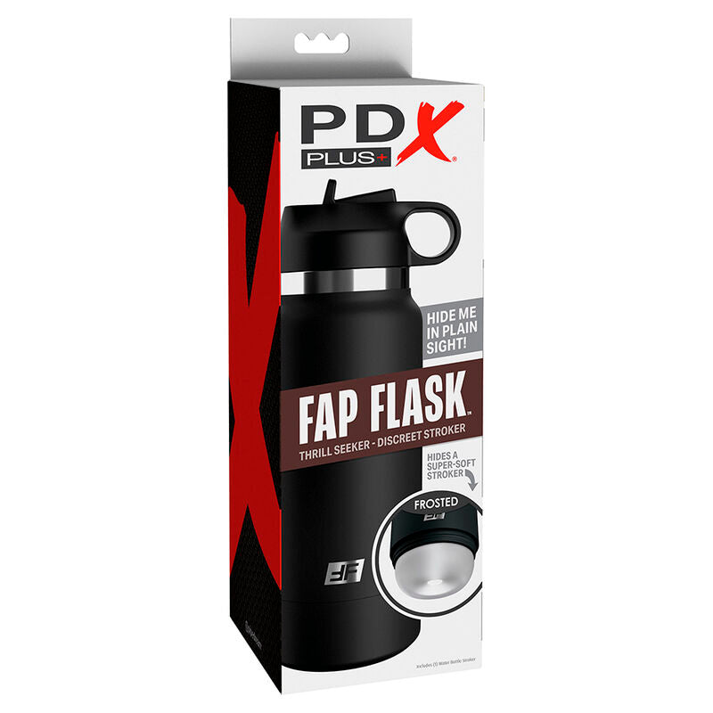 Boite PDX Fap Flask du masturbateur gourde transparente, packaging graphique noir et rouge mettant en avant le manchon givre et le camouflage en bouteille.