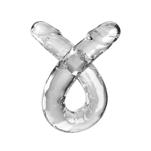 Double gode realiste translucide flexible mis en forme de X, deux extremites a gland marque en TPE clair, modele souple pense pour la double penetration partagee.
