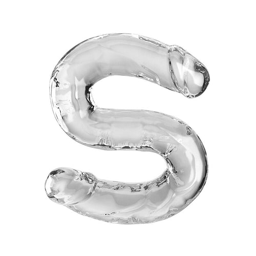 Double gode realiste translucide courbe en forme de S, deux tetes a gland prononce en TPE clair, longue tige souple pour le jeu a deux ou la double stimulation.