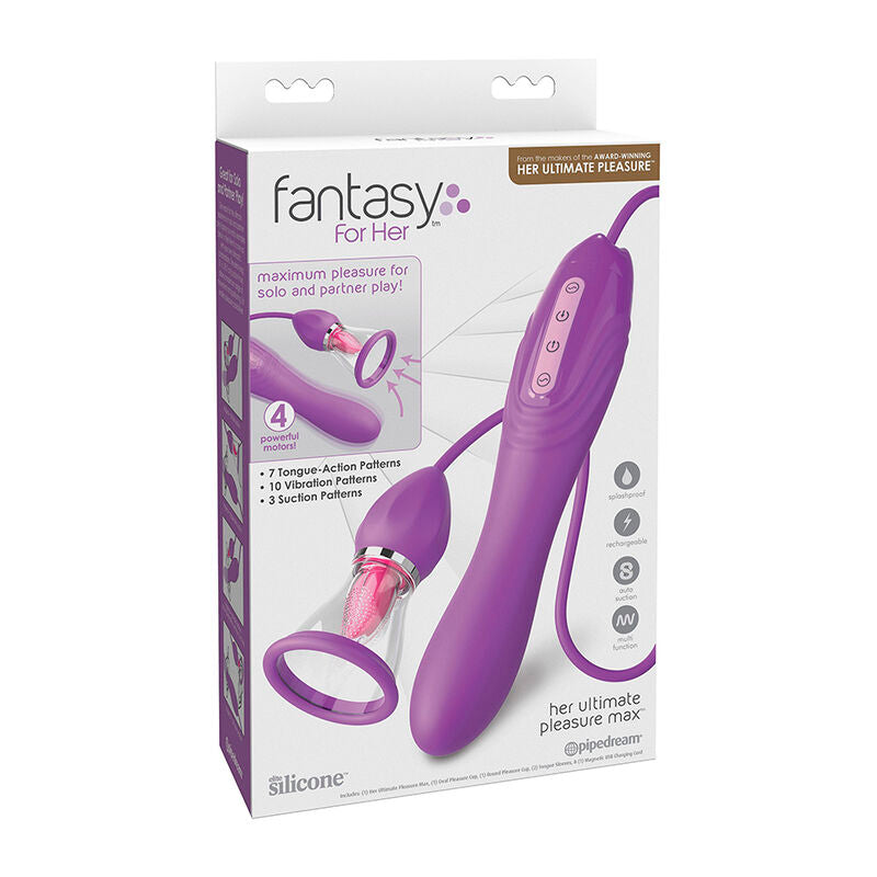 Emballage du Fantasy For Her Her Ultimate Pleasure Max, avec ses caracteristiques (4 moteurs, 7 modes de langue, 10 vibrations, 3 aspirations)