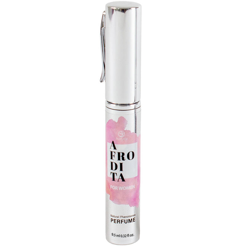 Spray parfum aux pheromones Afrodita For Women, flacon stylo 9,5 ml a habillage rose floral, fragrance feminine nomade Secret Play a vaporiser sur les points de pulsation.