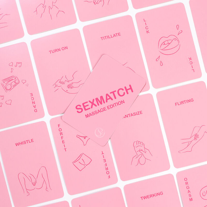 Cartes roses Sexmatch Massage Edition etalees, motifs au trait dont bouche et scenes suggestives, jeu de cartes coquin Secret Play pour couples joueurs.