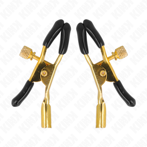 Paire de pinces à tétons réglables à mors dorés et embouts noirs avec vis de serrage, accessoire de stimulation par pincement.