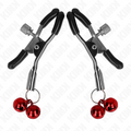 Paire de pinces a tetons a machoires noires et grelots rouges sur fond blanc, serrage a ressort reglable et tintement sonore, accessoire Kink.