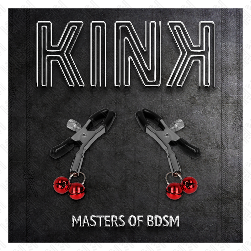Visuel packaging Kink Masters of BDSM avec pinces a tetons a machoires noires et grelots rouges, stimulation par pincement et effet sonore.
