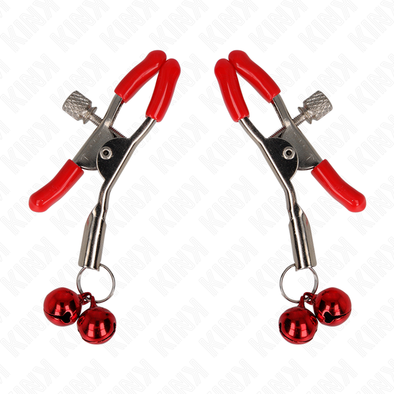 Paire de pinces a tetons a embouts rouges et grelots rouges sur fond blanc, serrage a ressort reglable et tintement, accessoire BDSM Kink.