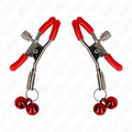 Paire de pinces a tetons a embouts rouges et grelots rouges sur fond blanc, serrage a ressort reglable et tintement, accessoire BDSM Kink.