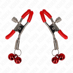 Paire de pinces a tetons a embouts rouges et grelots rouges sur fond blanc, serrage a ressort reglable et tintement, accessoire BDSM Kink.
