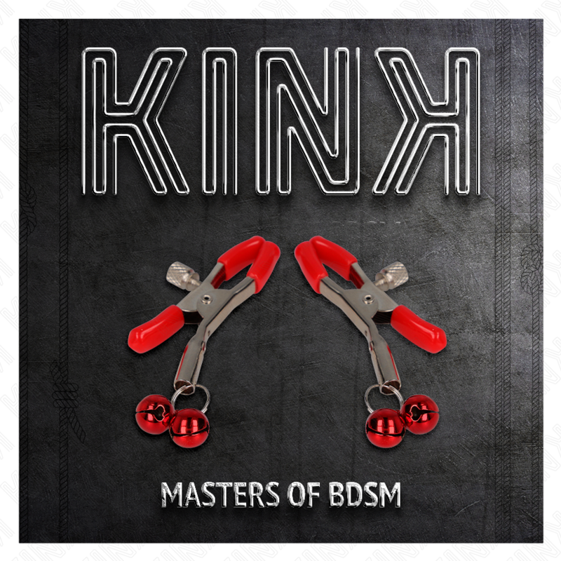 Packaging Kink Masters of BDSM presentant des pinces a tetons a embouts rouges et grelots rouges, stimulation par pincement et effet sonore.
