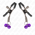 Paire de pinces a tetons a machoires noires ornees de grelots violets sur fond blanc, pincement reglable et tintement sonore, accessoire Kink.
