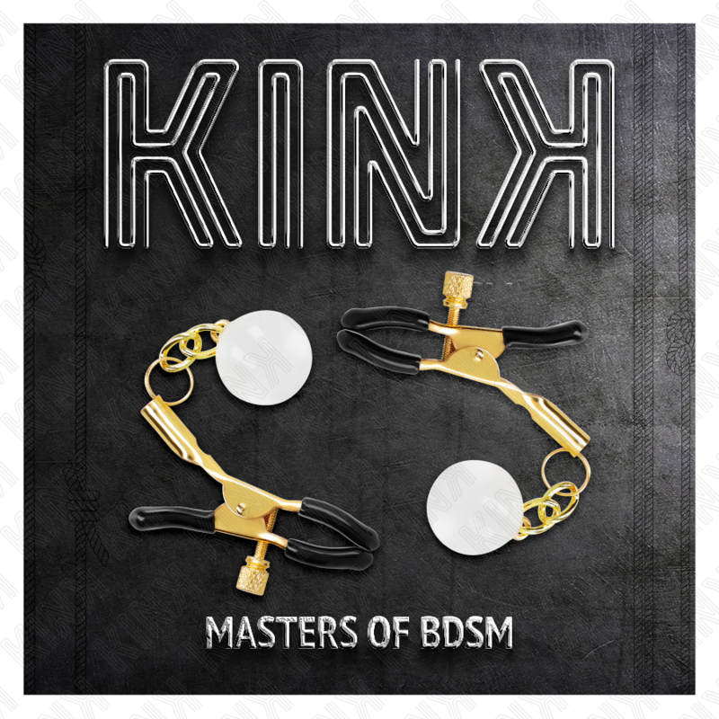 Packaging Kink Masters of BDSM presentant des pinces a tetons dorees a billes de verre blanches, stimulation par pincement et lest suspendu.