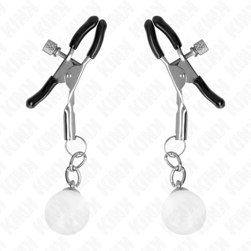 Paire de pinces a tetons a embouts noirs ornees de billes de verre transparentes sur fond blanc, pincement reglable et poids subtil, accessoire Kink.