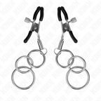 Paire de pinces a tetons a machoires noires lestees de trois anneaux metalliques empiles, le poids ajoute une traction progressive a la stimulation.
