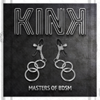 Visuel de marque KINK Masters of BDSM montrant la paire de pinces a tetons lestees de doubles anneaux argentes sur fond ardoise texture.