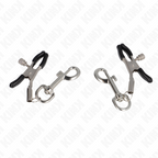 Paire de pinces a tetons a machoires noires equipees chacune d'un mousqueton metallique, vue a plat, points d'accroche pour relier d'autres accessoires.