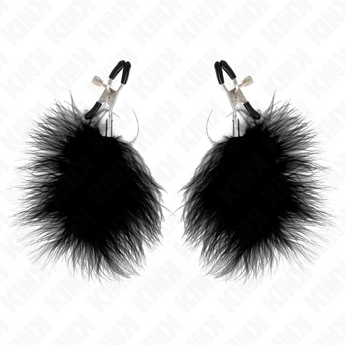 Paire de pinces à tétons argentées ornées de gros pompons de plumes noires, accessoire de stimulation sensuelle suspendu de la gamme Kink.