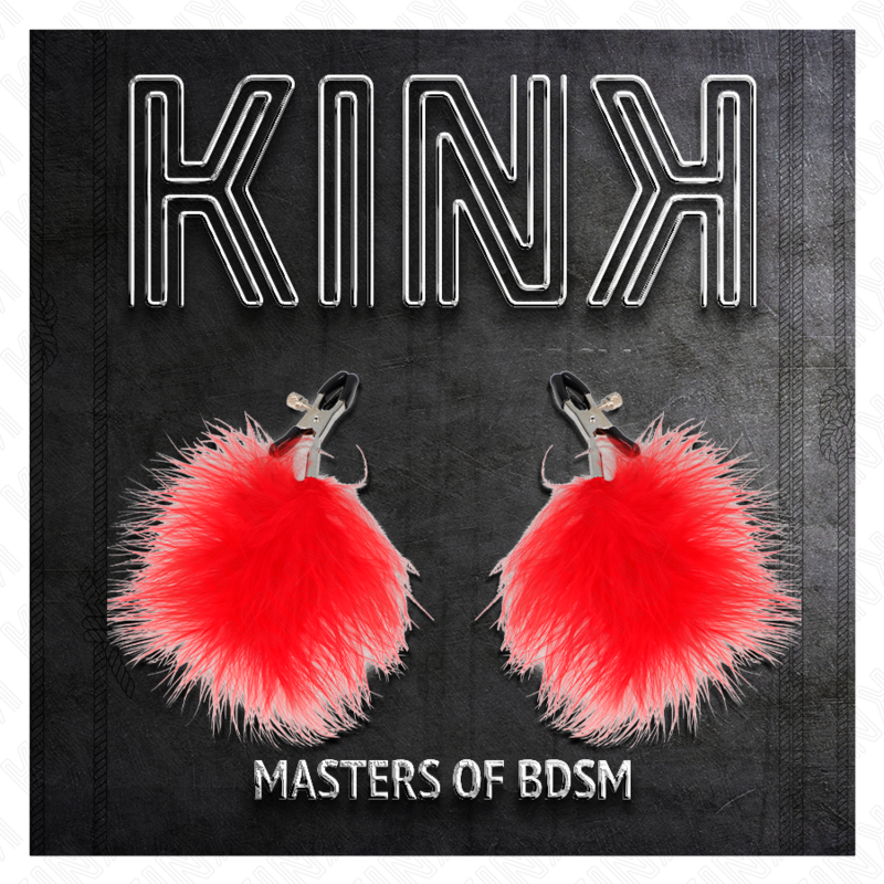 Visuel produit Kink Masters of BDSM montrant les pinces à tétons à plumeaux de plumes rouges sur fond sombre, sans présence anatomique.