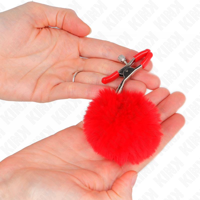 Pinces à tétons boule fausse fourrure rouge — détail produit