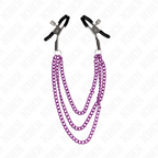 Pinces a tetons en metal reliees par une chaine violette a triple rang sur fond blanc, pincement et tension colores, accessoire BDSM Kink.