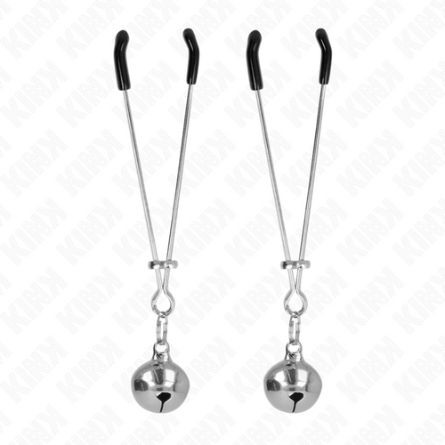 Paire de pinces a tetons en metal a embouts noirs ornees de grelots argentes, sur fond blanc. Accessoire BDSM melant pincement et tintement sonore.
