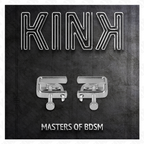 Visuel de marque KINK Masters of BDSM presentant la paire de pinces a tetons a etau reglable par vis sur fond ardoise sombre et texture.